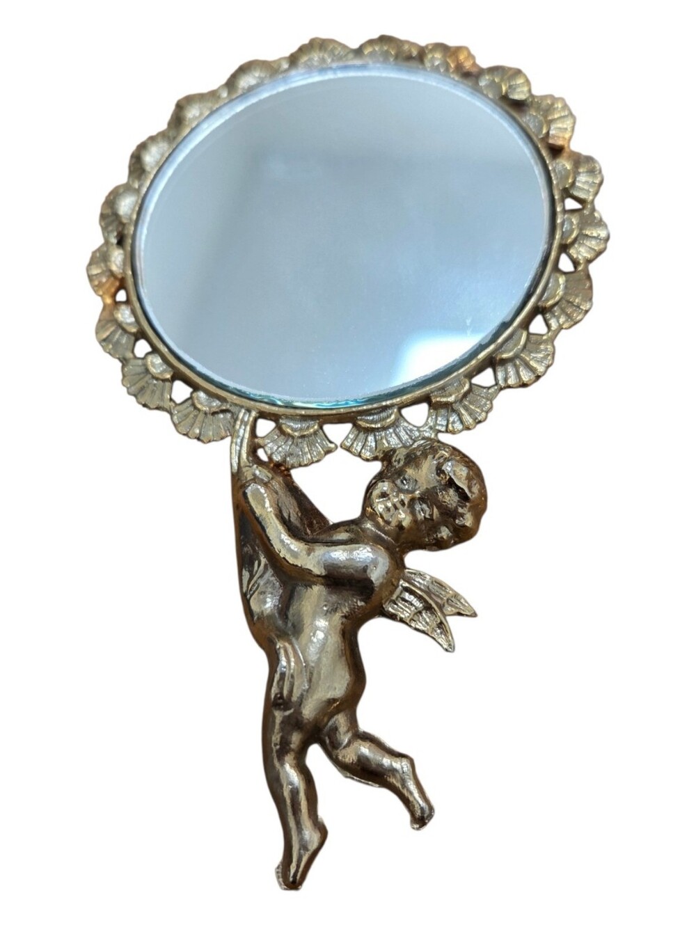 Vintage Ornate Gold Tone Vanity Cherub Cupid Handle Mirror Marked VIP